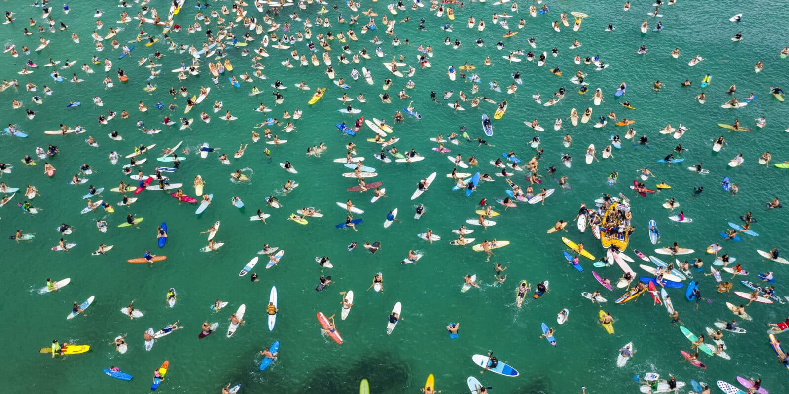An aerial view of a surfers mass peaceful protest, surfers floating on surfboards on the ocean, a protest against an offshore oil drilling application.